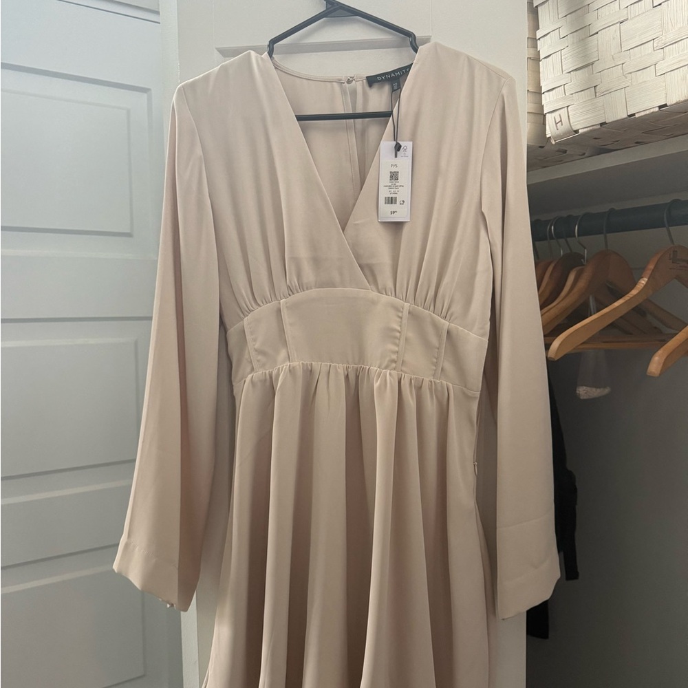 Dynamite Tan Long Sleeve V-Neck Sundress